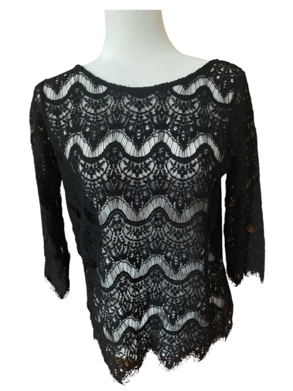 August Silk Black Mixed Media Lace Blouse Gold Zip Back Top M
